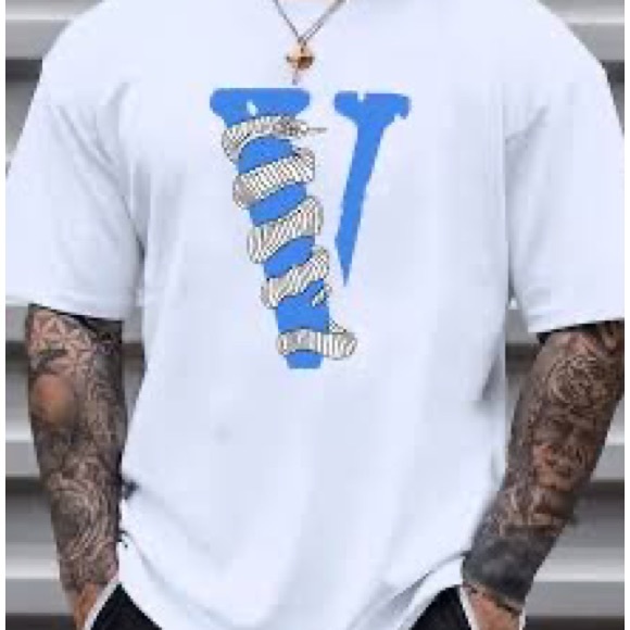 Blue V With A White Snake Wrapped Around The V Vlone Inspired On A White T-Shirt - Picture 1 of 1